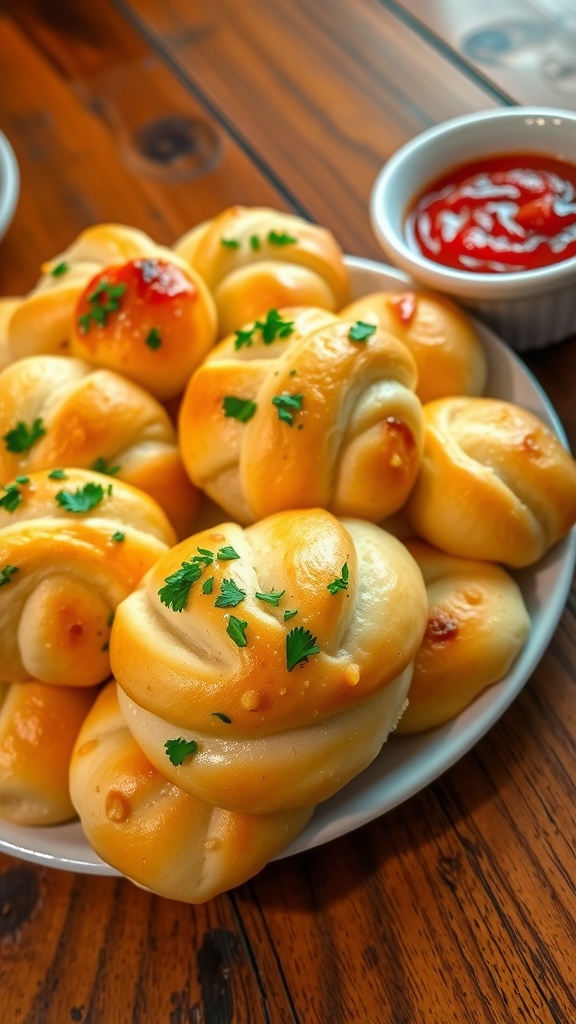Quick and Easy Garlic Knots Recipe A delicious platter of golden brown garlic knots with butter and parsley, served with marinara sauce on a rustic table.